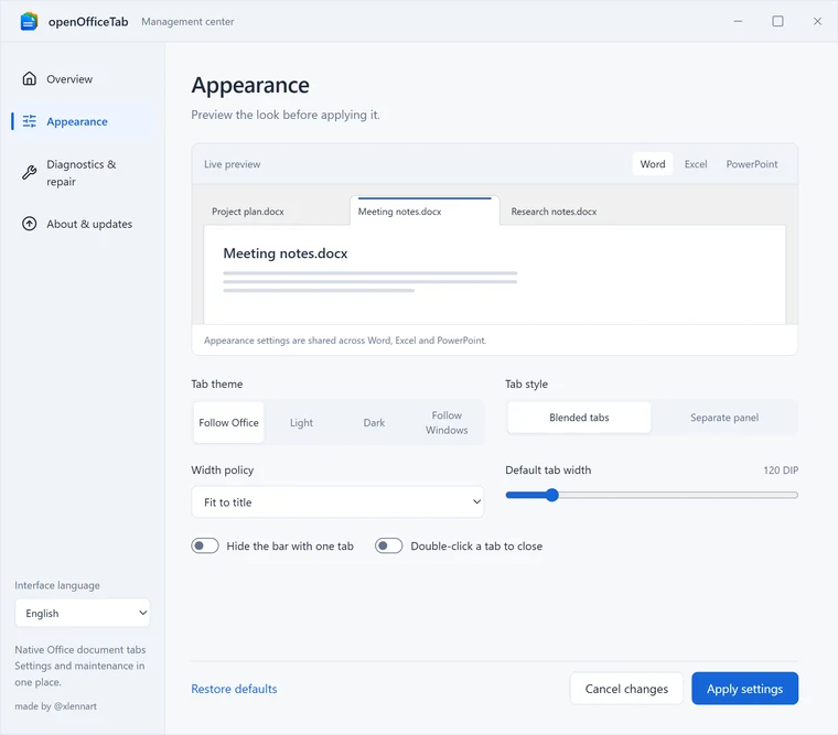 Appearance — Theme, tab style, width, language