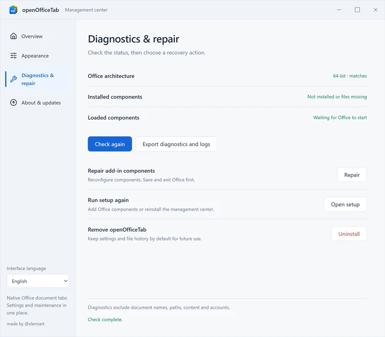 Diagnostics & repair — Architecture, repair, uninstall